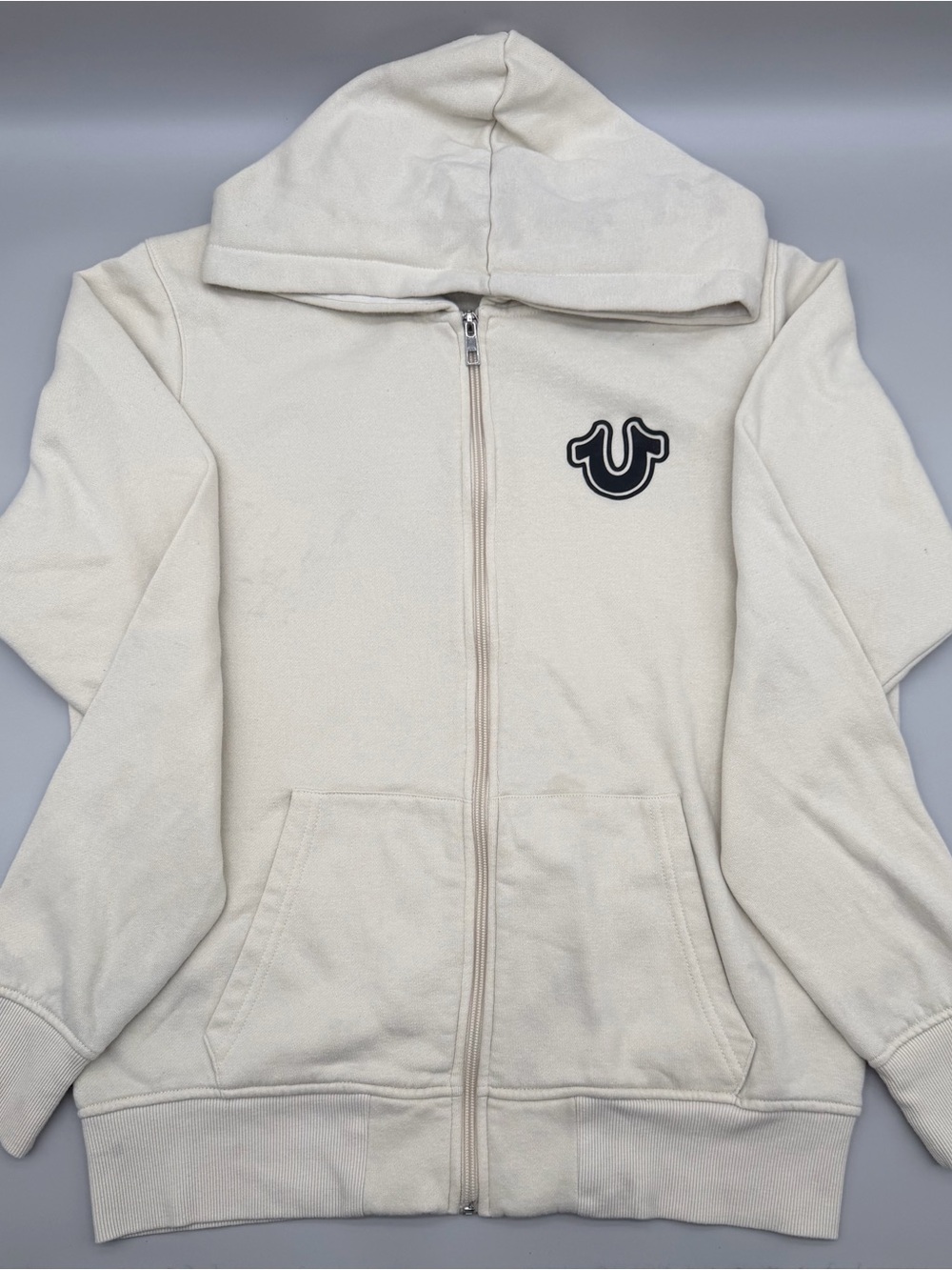 True Religion Buddha Guitar Zip Up Hoodie Cream Blue Size L